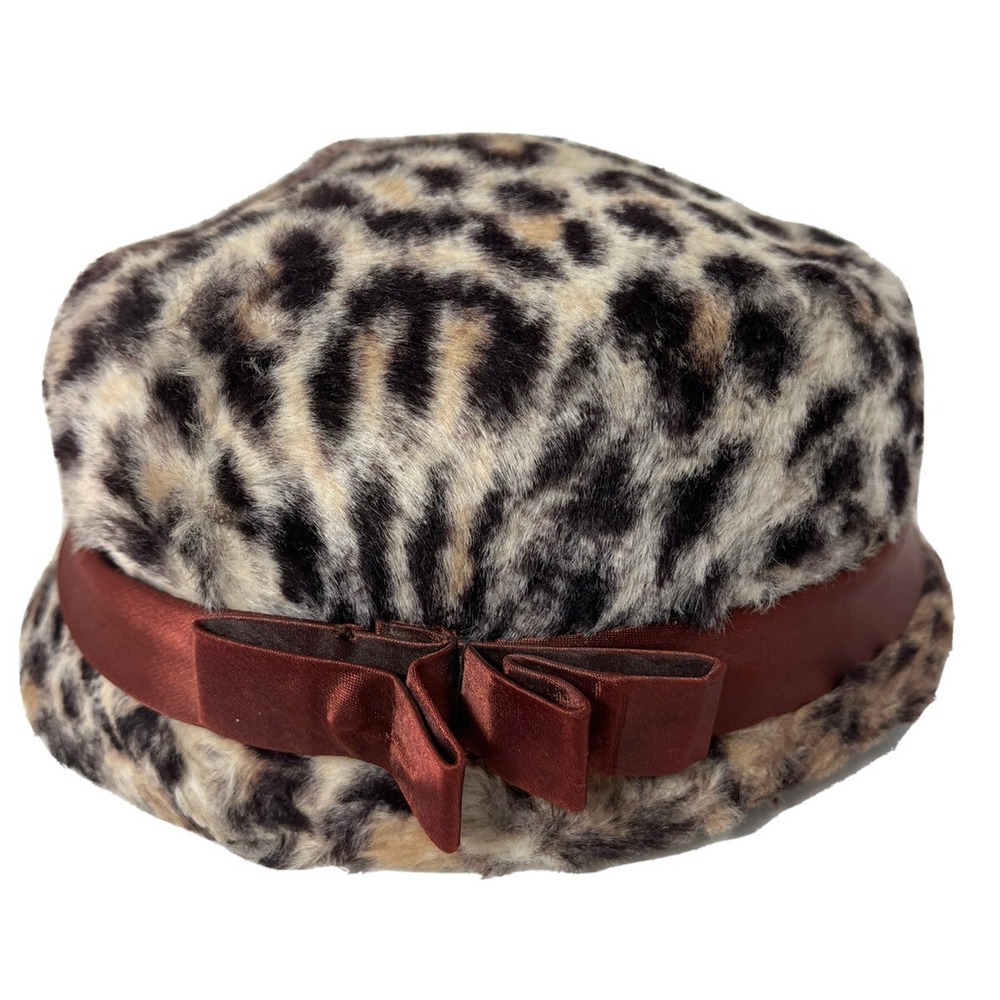 Vintage 40s 50s Audrey New York Hat Sz S Leopard Faux Fur Cloche Art Deco Pin Up